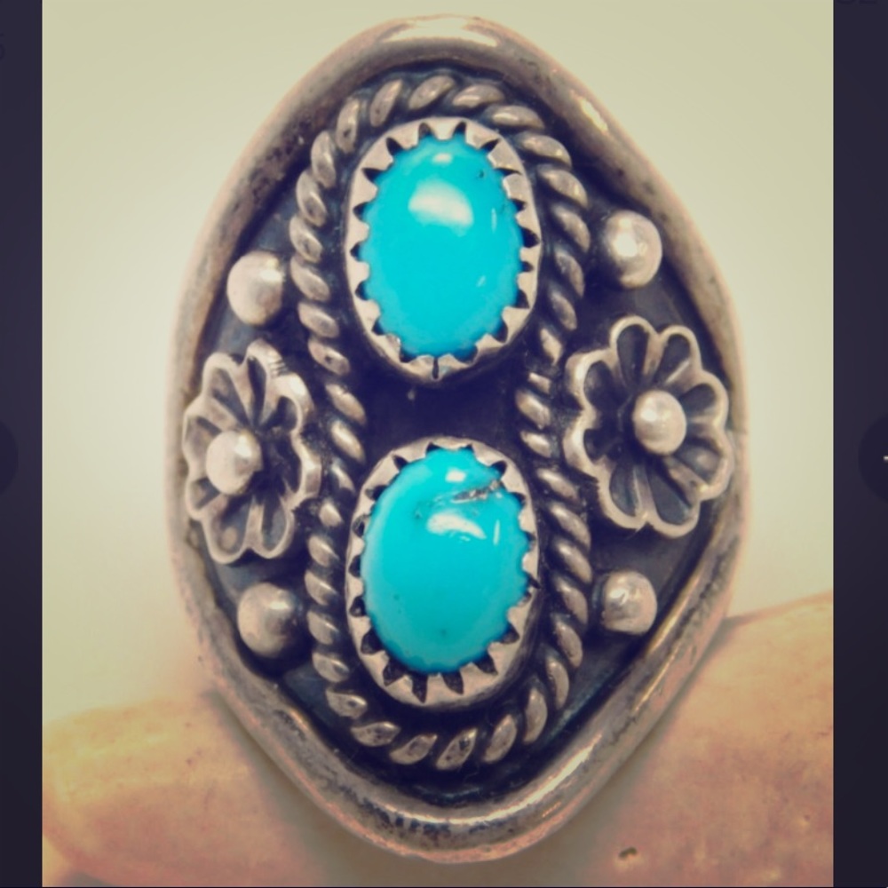 Vintage Navajo OOAK Turq & Sterling Ring Signed